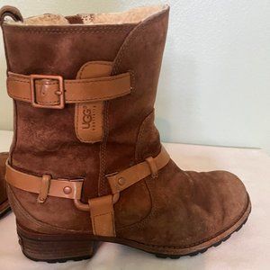 UGG Australia Endell Brown Suede Lug Sole Buckle Moto Biker Harness Women Boots